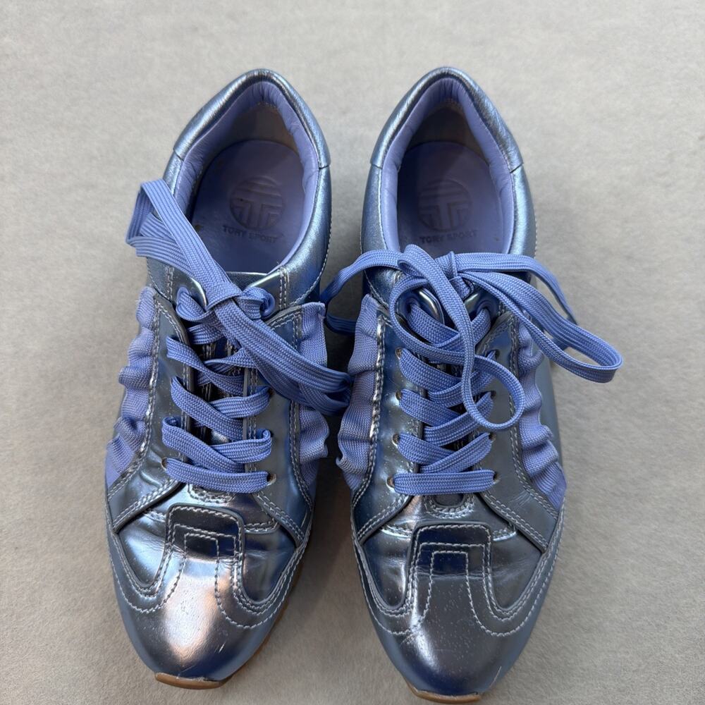 Tory Burch‎ Sport Ruffle Sneaker 6.5 Metallic Blue Leather EUC Designer Preppy